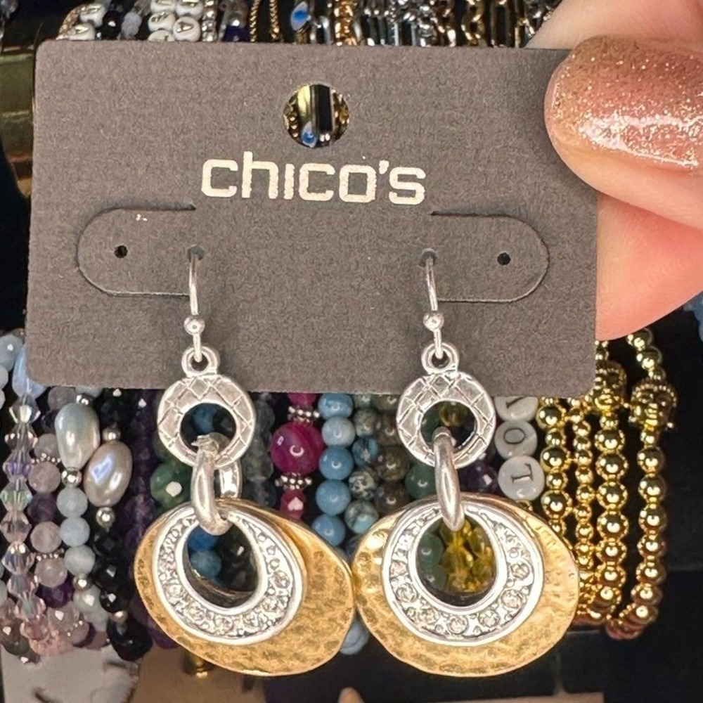 Chico's Two Tone Gold Silver Metal Earrings Sparkling Pave-set rhinestones